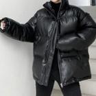 Two-way Padding Fleece-lined Faux-leather Jacket