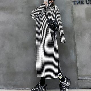 Turtleneck Striped Slit Maxi Dress Stripes - Black & White - One Size