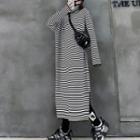 Turtleneck Striped Slit Maxi Dress Stripes - Black & White - One Size