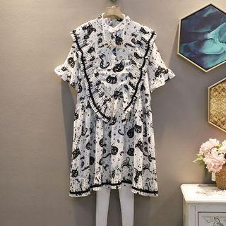 Short-sleeve Stand-collar Ruffle Cat Print Dress
