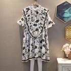 Short-sleeve Stand-collar Ruffle Cat Print Dress