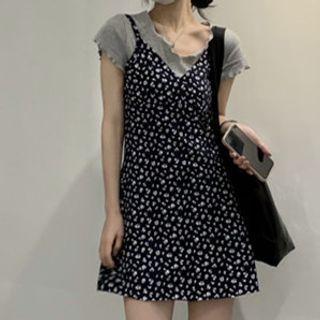 Short-sleeve Lettuce Edge T-shirt / Floral Print Overall Dress