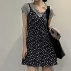 Short-sleeve Lettuce Edge T-shirt / Floral Print Overall Dress