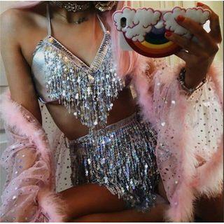 Set: Halter Fringed Camisole Top + Mini Skirt