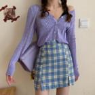 Pointelle Knit Crop Cardigan / Plaid A-line Mini Skirt