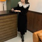 Long-sleeve Lace Trim Collared Midi A-line Dress Black - One Size