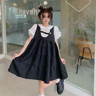 Set: Puff-sleeve Blouse + Shirred Overall Dress
