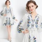 Long-sleeve Floral Buckled Button-up Mini A-line Dress
