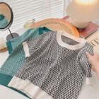 Short-sleeve Round Neck Two-tone Knit Top