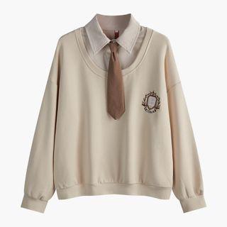 Mock Two-piece Sweatshirt With Necktie / Pleated Mini A-line Skirt