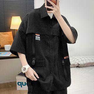 Elbow-sleeve Buckled Striped Cargo Shirt