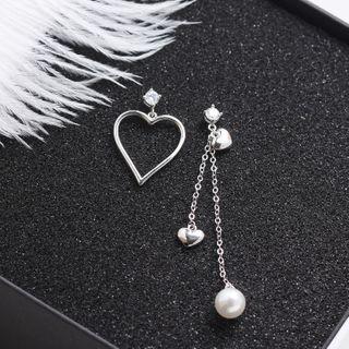 Non-matching 925 Sterling Silver Heart Faux Pearl Dangle Earring 1 Pair - Silver - One Size