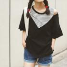 Short-sleeve Cold-shoulder Striped Panel T-shirt