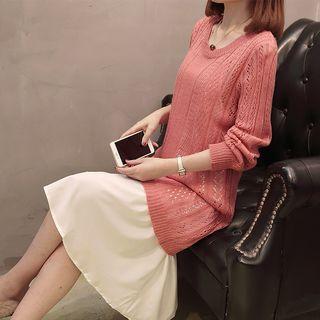 Set: Long-sleeve Perforated Knit Top + Spaghetti Strap Midi Dress