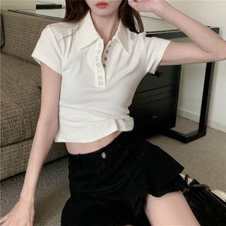 Short-sleeve Plain Polo Shirt White - One Size