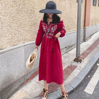 Long-sleeve Off-shoulder Embroidered A-line Dress