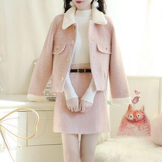 Set: Faux-fur Plain Jacket + A-line Skirt