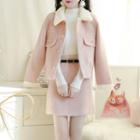 Set: Faux-fur Plain Jacket + A-line Skirt