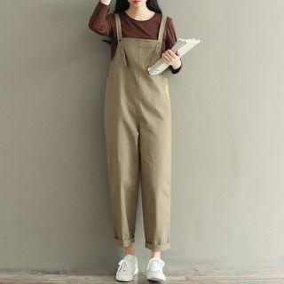Set: Plain Long Sleeve T-shirt + Flower Embroidered Pinafore Jumpsuit