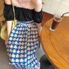 Short-sleeve Off-shoulder Ruffled Top / Color Block Midi Skirt