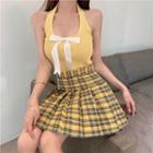 Halter Neck Knit Top / Plaid Mini A-line Skirt