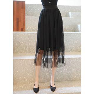 Faux-pearl Beaded Midi Tulle Skirt