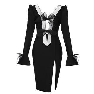 Long-sleeve Deep V-neck Ribbon Accent Slit Sheath Dress