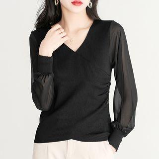 V-neck Knit Panel Crop Top