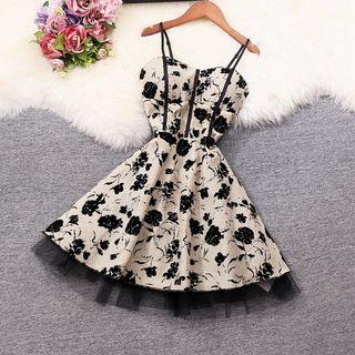 Spaghetti Strap Mesh Hem Floral Mini Dress