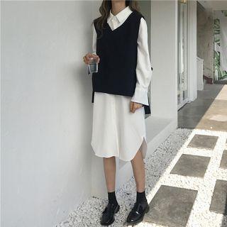 Plain Shirt Dress / Side Tie V-neck Knit Vest