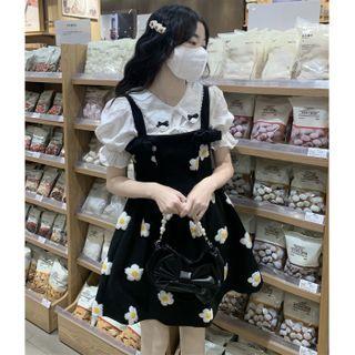 Puff-sleeve Blouse / Floral Mini A-line Overall Dress
