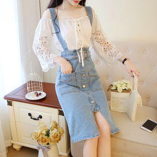 Set: 3/4-sleeve Lace Paneled Top + Denim Suspender Skirt