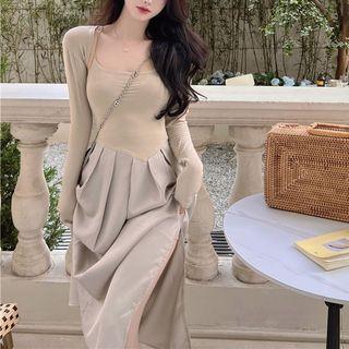 Spaghetti Strap Paneled Midi A-line Dress / Shrug