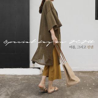 Wide-sleeve Linen Blend Long Cardigan
