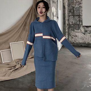 Colored Panel Knit Hoodie / Midi Fitted Skirt