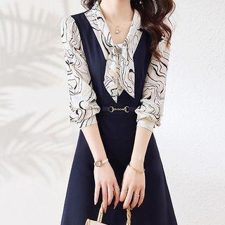 Mock Two-piece Puff-sleeve Geometric Print Dress
