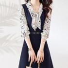 Mock Two-piece Puff-sleeve Geometric Print Dress