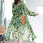 Leaf Print Long Chiffon Jacket Green - One Size
