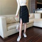 Long-sleeve Tie-neck Knit Top / Split Hem Knit Pencil Skirt