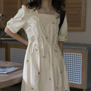 Short-sleeve Square-neck Floral Embroidered A-line Dress