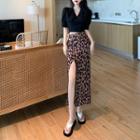 Leopard Print Midi Skirt / Short-sleeve Cropped Blouse