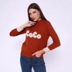 Mock Neck Letter Embroidered Two-tone Knit Top