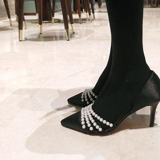 Faux-pearl Satin High-heel Pumps
