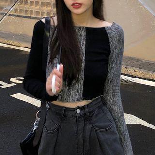 Long-sleeve Off-shoulder Color Block Crop Top Black & Gray - One Size