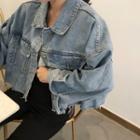 Lettering Fringed Crop Denim Jacket As Shown In Figure - One Size