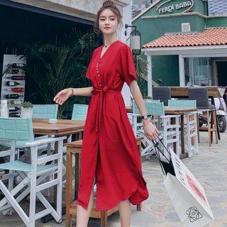 Tie-waist Buttoned Short-sleeve Midi Dress