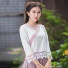 3/4-sleeve Crochet Panel Wrapped Neck Top