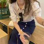 Puff-sleeve Striped Shirt / Buttoned A-line Midi Skirt
