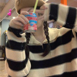 Lapel Striped Cropped Knit Top