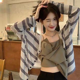 Striped Cardigan Cardigan - Stripe - Blue & Gray - One Size